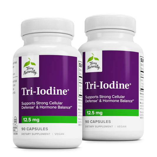 Terry Naturally Tri-Iodine bottle pour shows easy daily dosing for potential hormone support.
