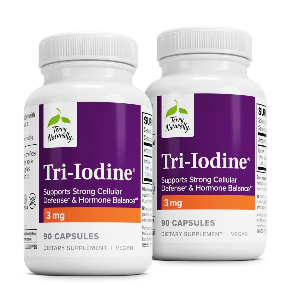 Terry Naturally Tri-Iodine bottle with capsules for daily use and potential hormonal balance support.