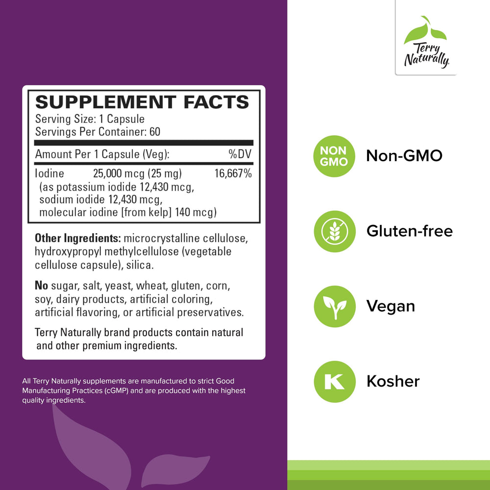 Terry Naturally Tri-Iodine capsules closeup showing vegan capsules and clean formula.