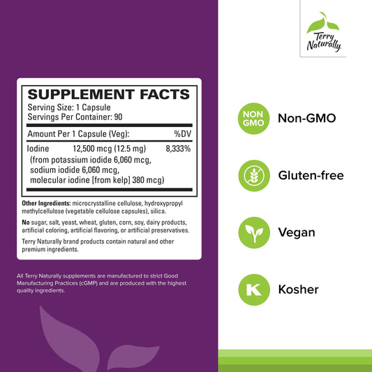 Terry Naturally Tri-Iodine capsules close-up highlights triple-iodine blend for broader support.