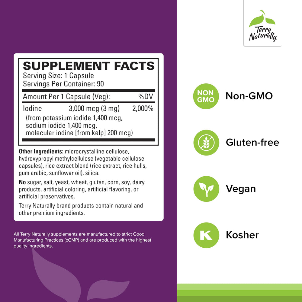Terry Naturally Tri-Iodine capsules closeup highlighting 3 mg per capsule for daily intake.