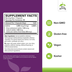 Terry Naturally Tri-Iodine capsules closeup highlighting 3 mg per capsule for daily intake.