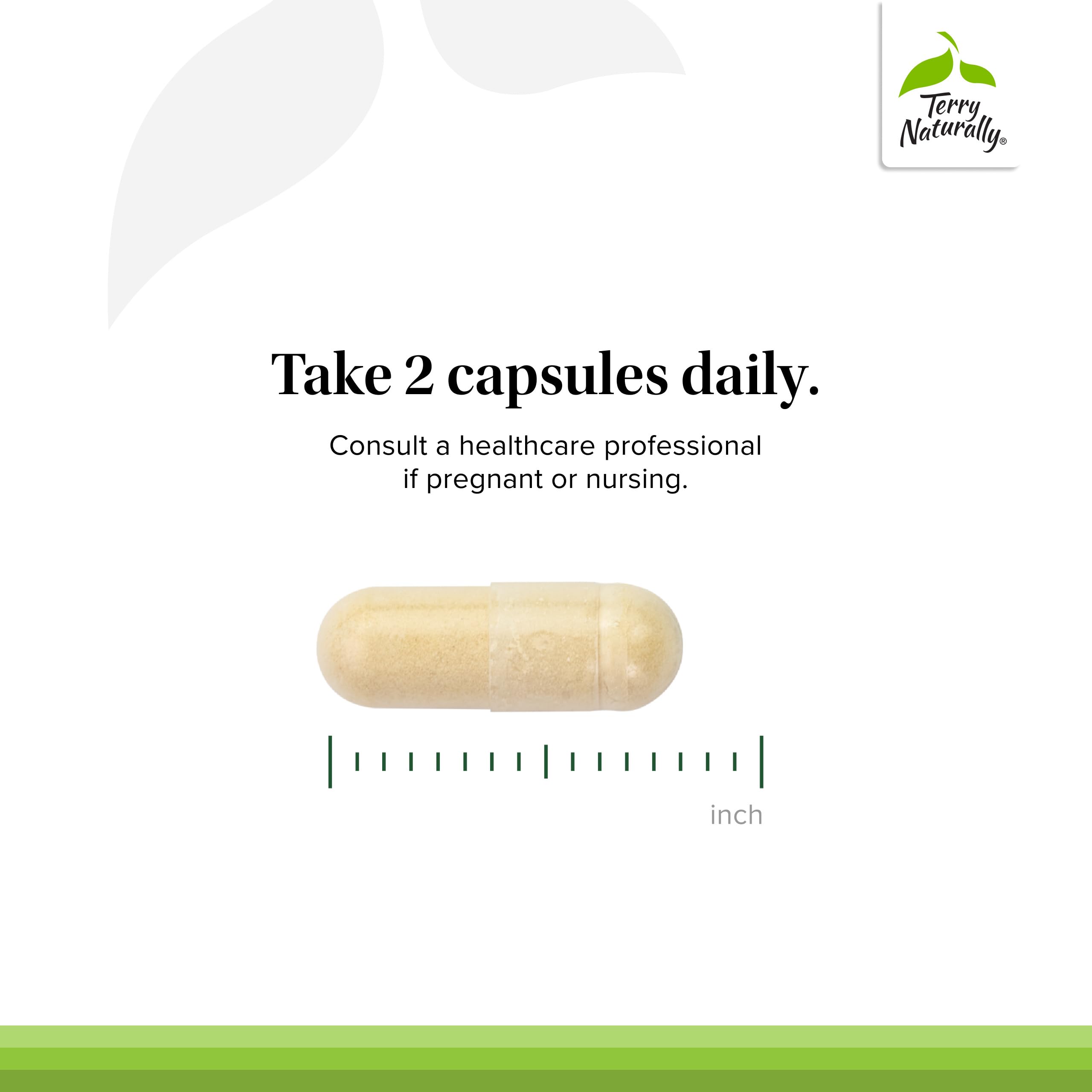 Terry Naturally two-capsule serving illustration for daily triglyceride management.