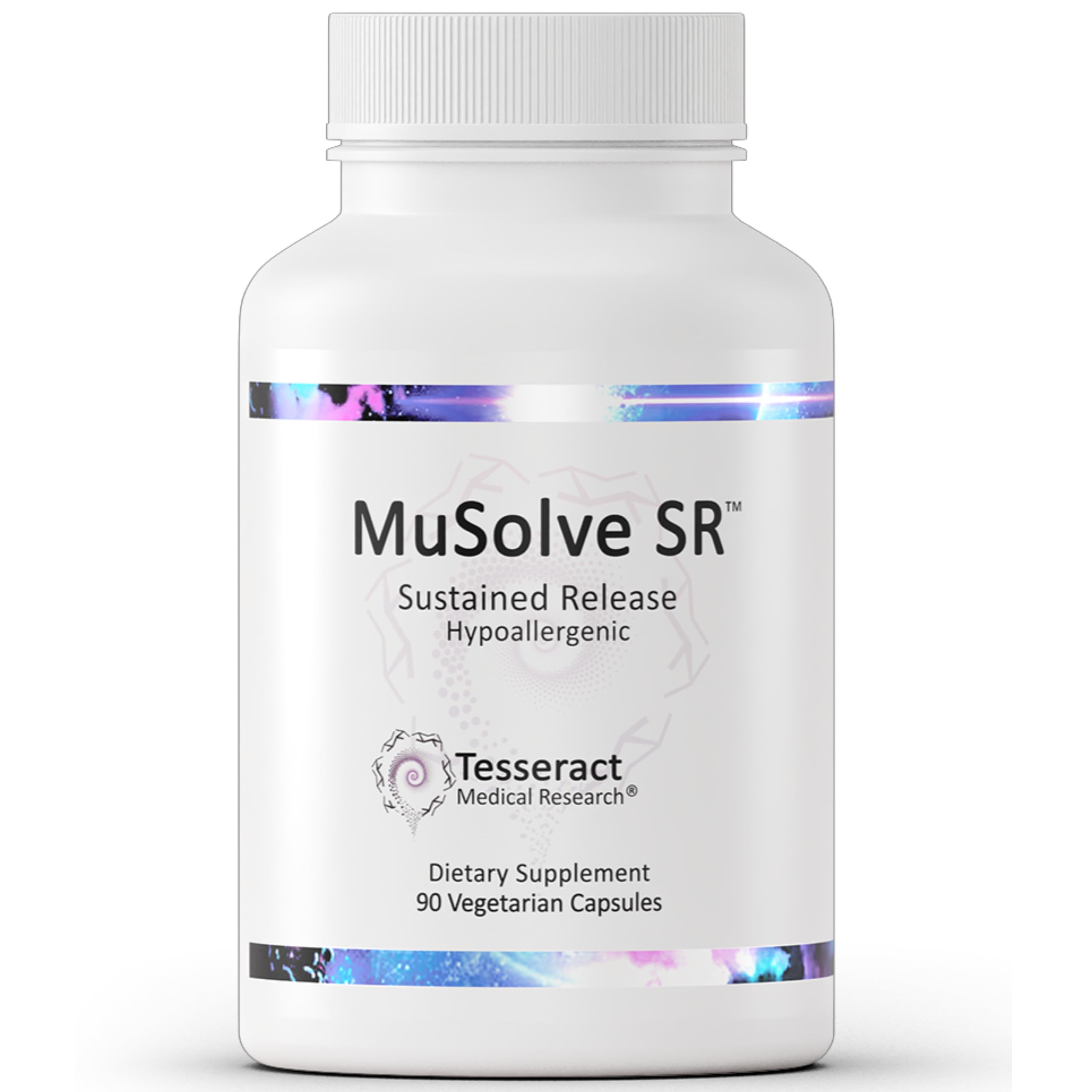 Tesseract MuSolve SR bottle label demonstrates sustained-release formula for respiratory support.