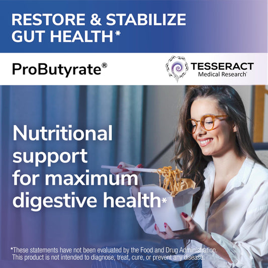 Tesseract ProButyrate capsules close-up highlighting palatable, easy-to-take soft-gel form.