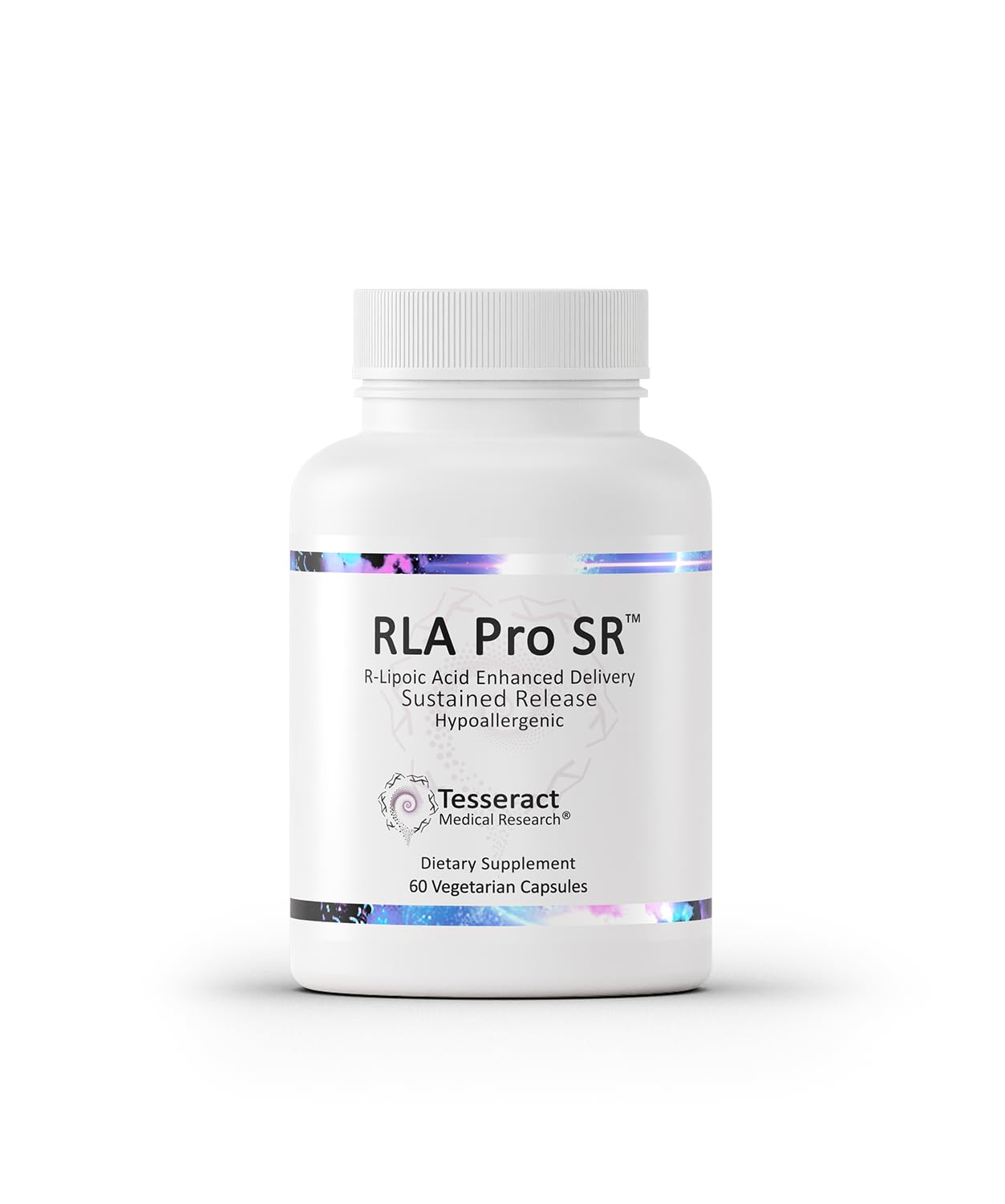Tesseract RLA Pro SR bottle label highlights R-lipoic acid details for energy support