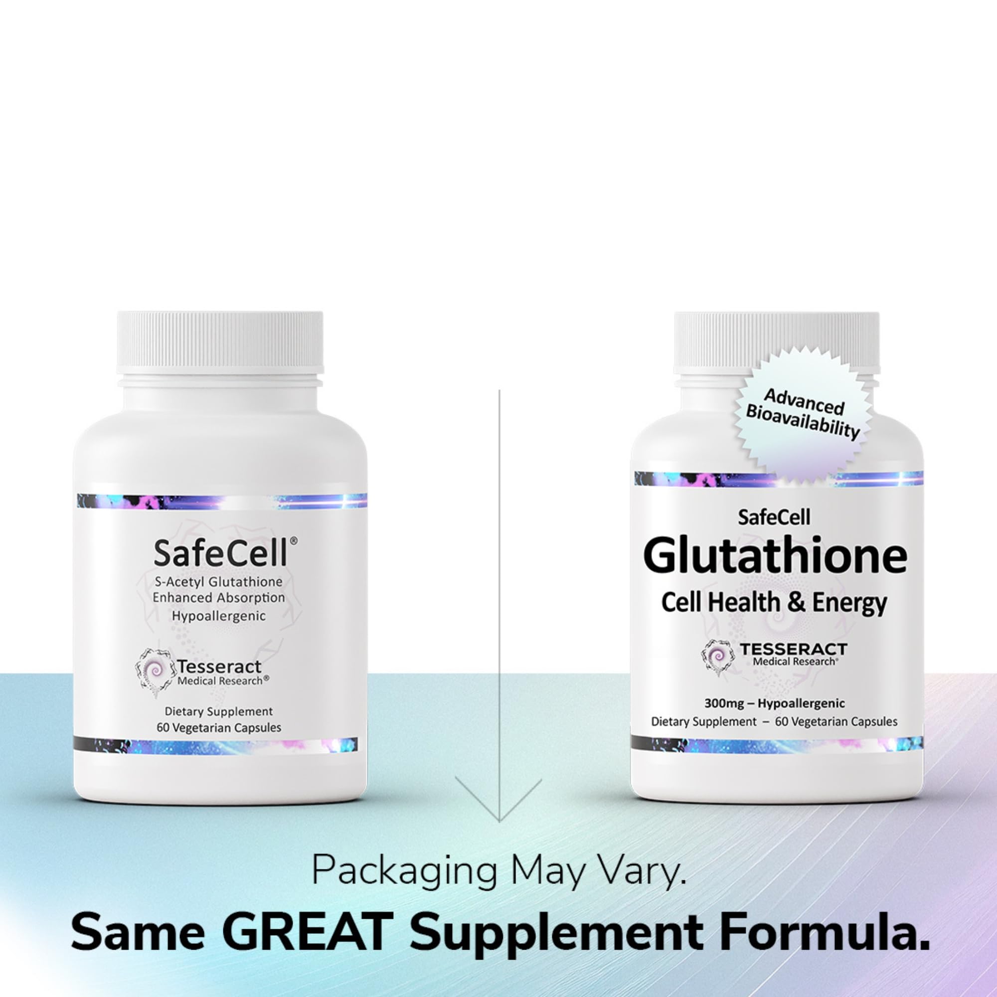 Tesseract SafeCell capsules arranged to show vegan hypoallergenic formula