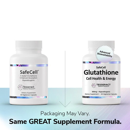 Tesseract SafeCell capsules arranged to show vegan hypoallergenic formula