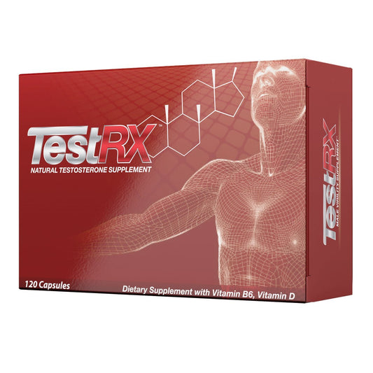 TESTRX testosterone booster bottle close-up for natural energy support.