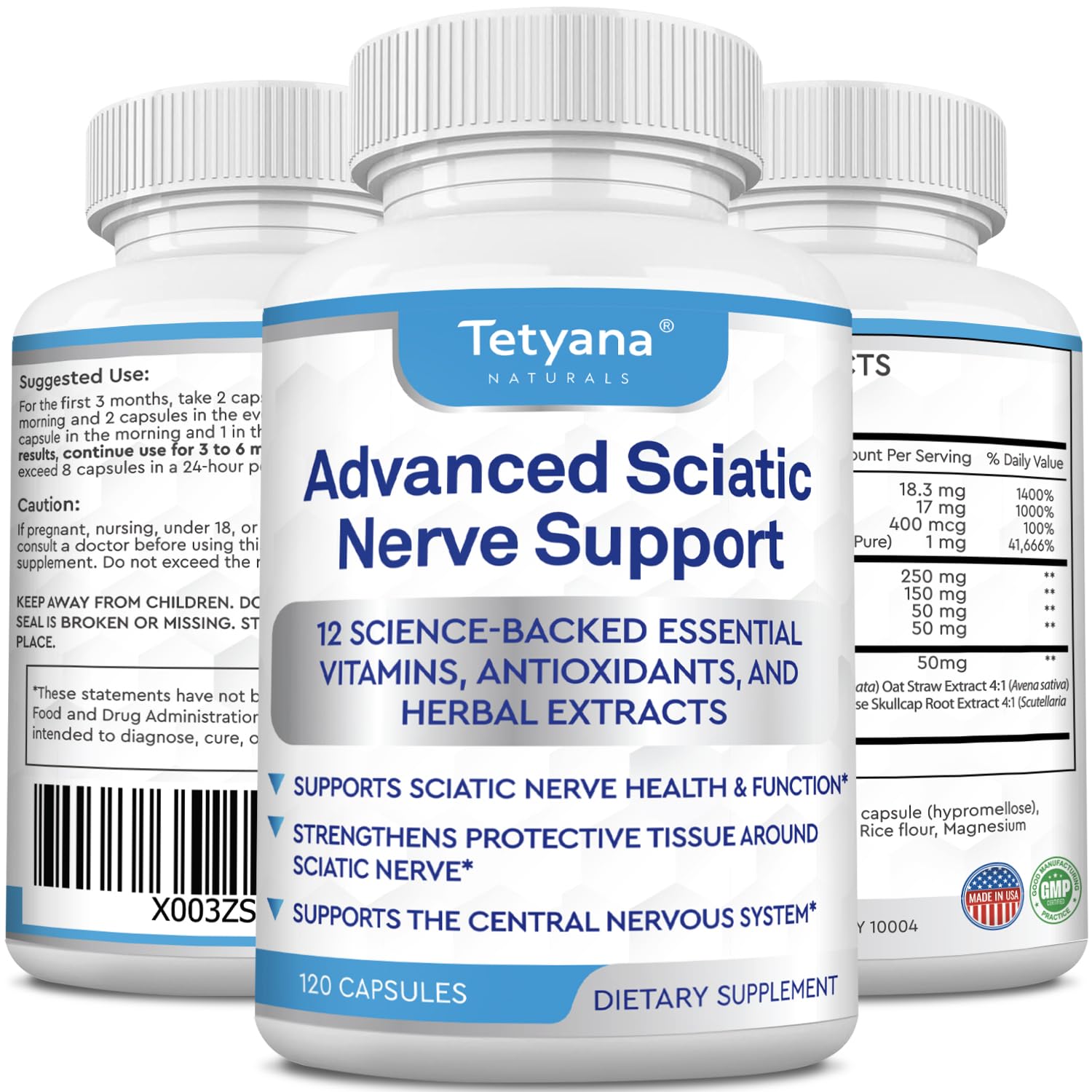 Tetyana Naturals Advanced Sciatic Nerve Support bottle: easy daily capsules for ongoing nerve support