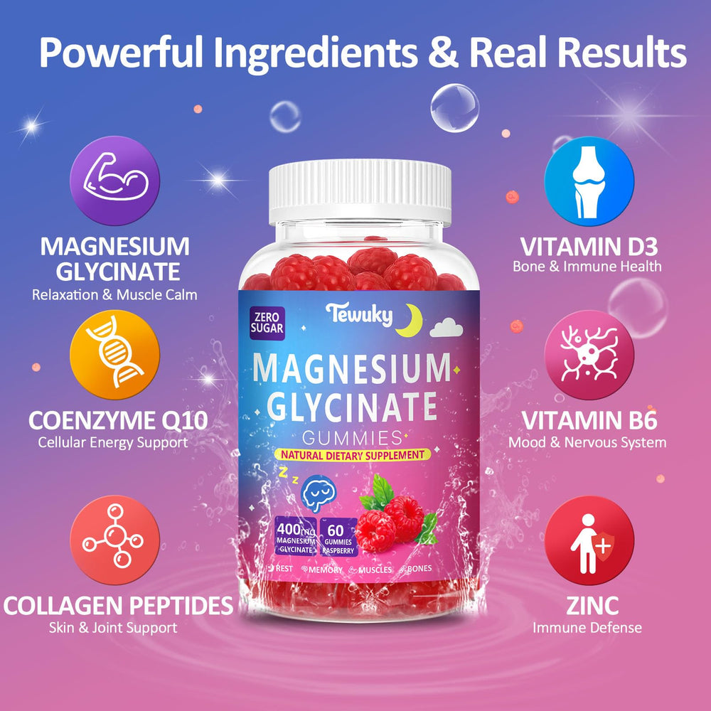 Tewuky magnesium gummies on nightstand suggesting easy sleep support.