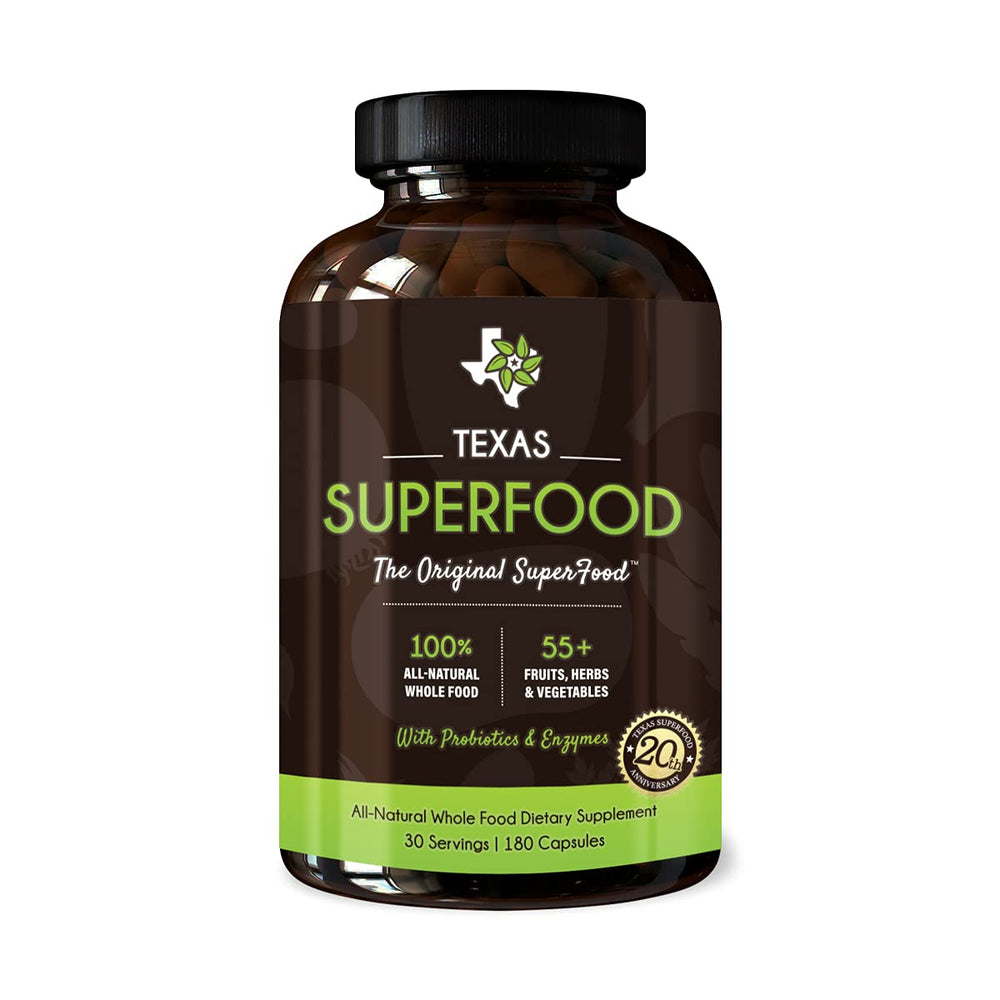 Texas SuperFood Original bottle pour showing easy daily supplementation for balanced nutrition