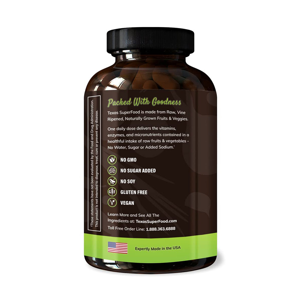 Texas SuperFood Original capsules closeup highlighting vegan, non-GMO capsules for steady energy