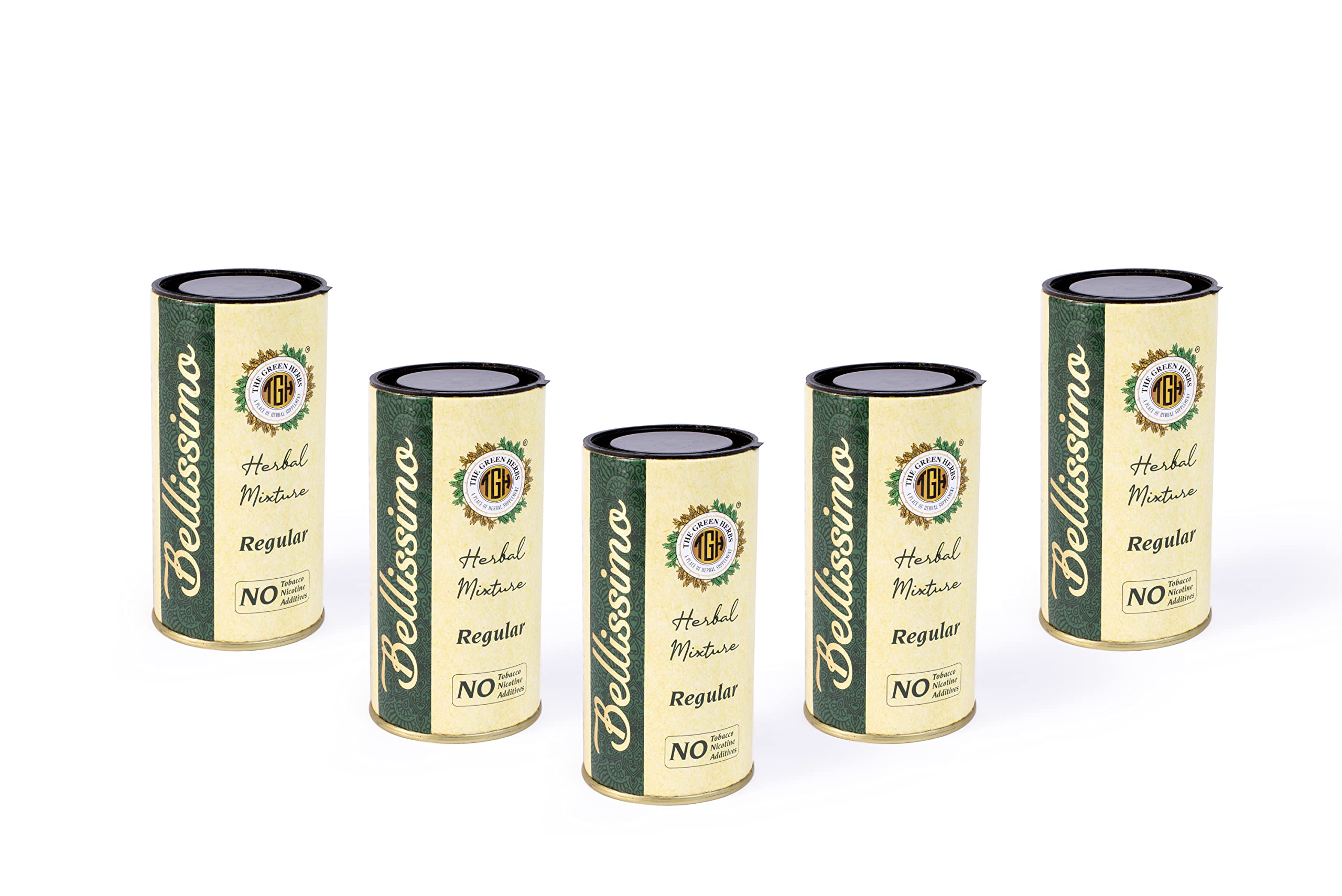 Bellissimo Herbal Smoke Blend packaging shows a natural, tobacco-free option from The Green Herbs.