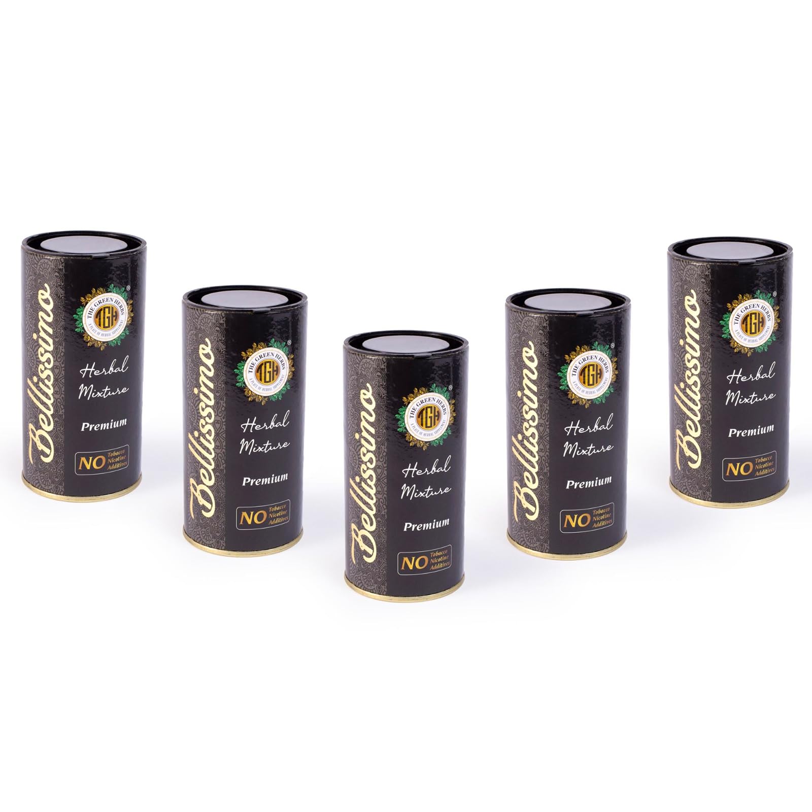 Bellissimo herbal smoke mix bottle shows nicotine-free, plant-based blend for a tobacco-free option.