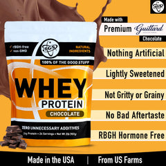 TGS Nutrition chocolate whey powder bottle highlighting premium Guittard chocolate flavor