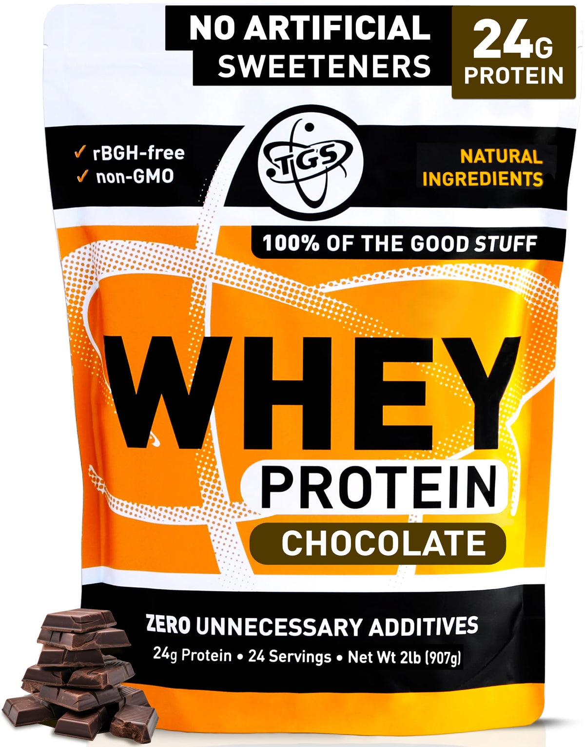 TGS Nutrition chocolate whey protein powder jar for post-workout recovery
