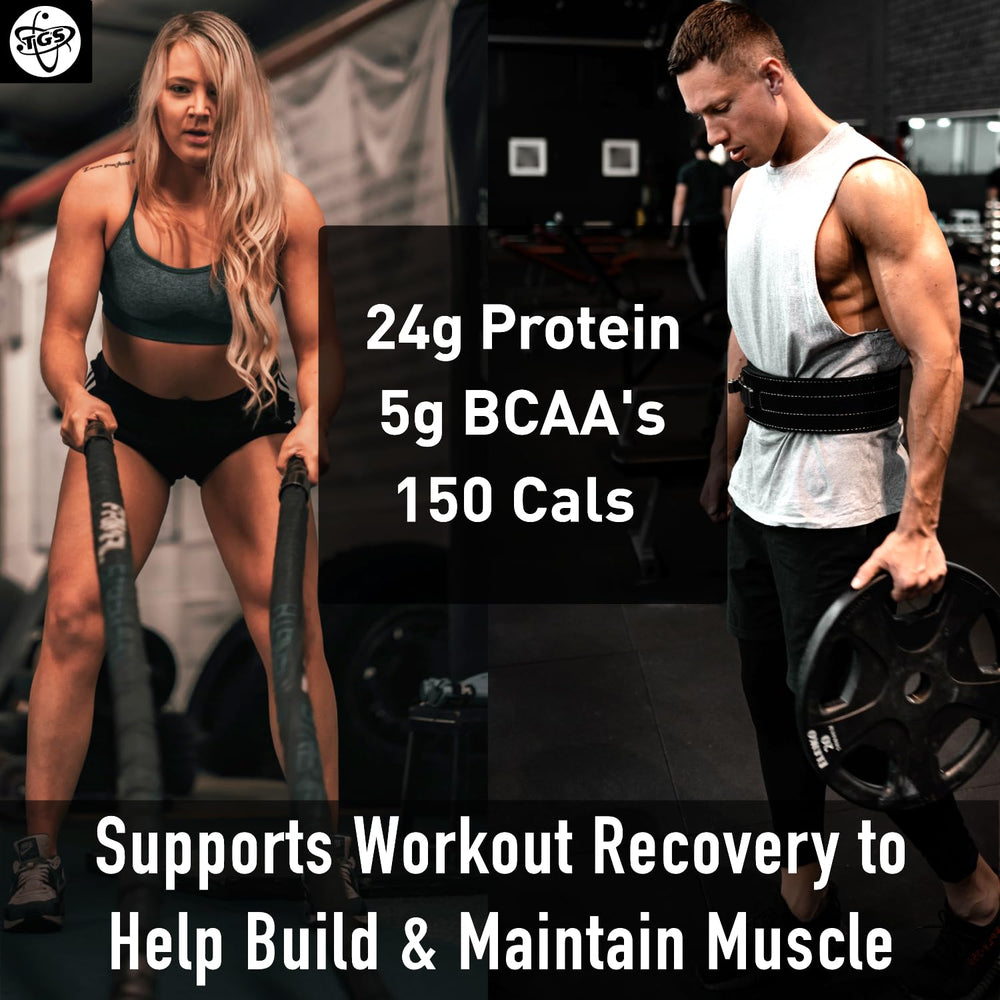 TGS Nutrition chocolate whey powder mixing with milk for a rich shake