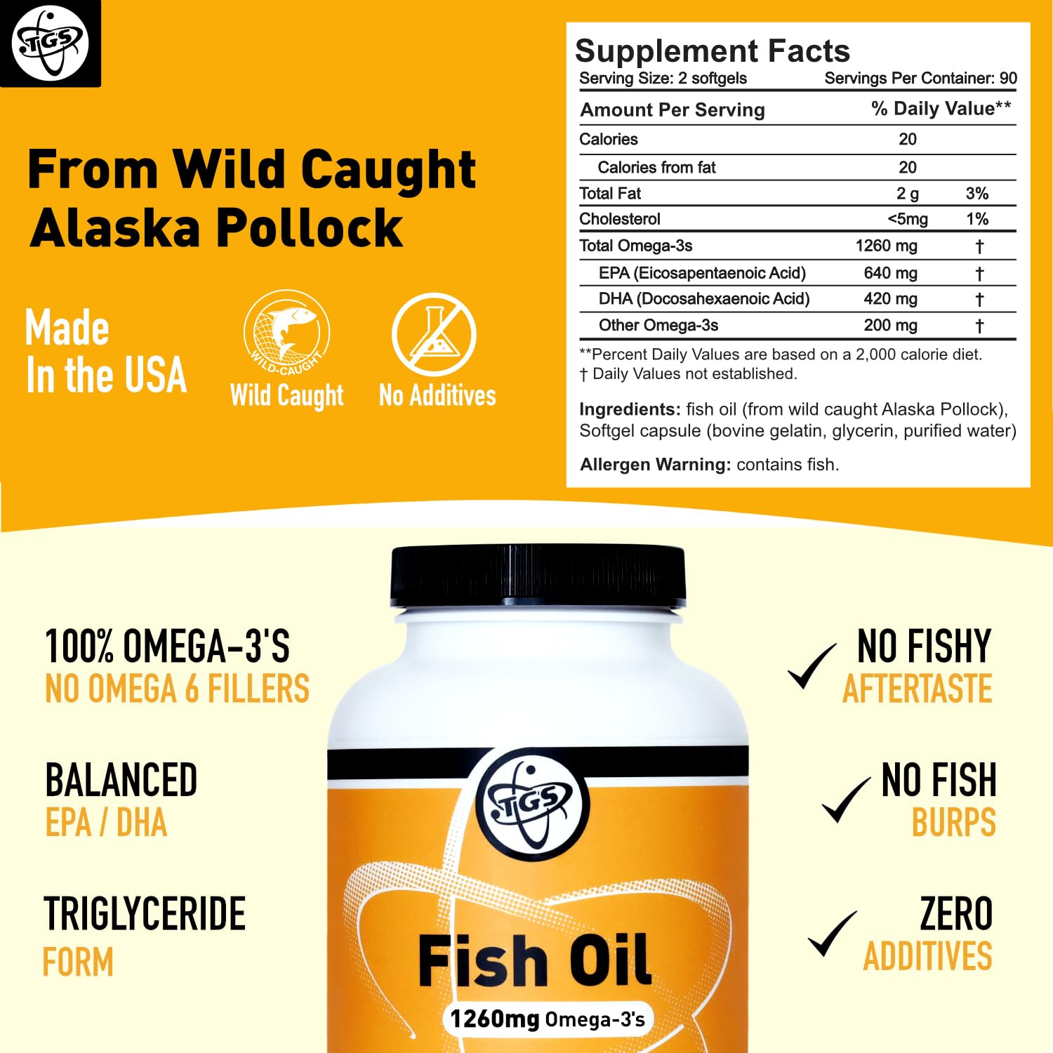 TGS Nutrition Omega3 capsules close-up showing tasteless softgels for easy swallowing.