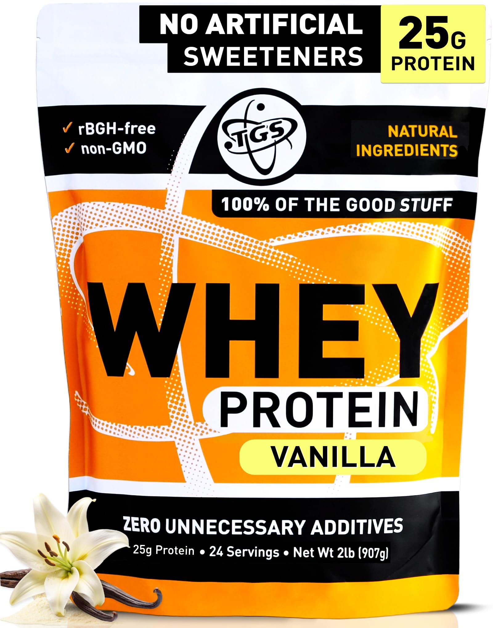 TGS Nutrition Vanilla Whey Canister highlighting clean ingredients and 25g protein per serving.
