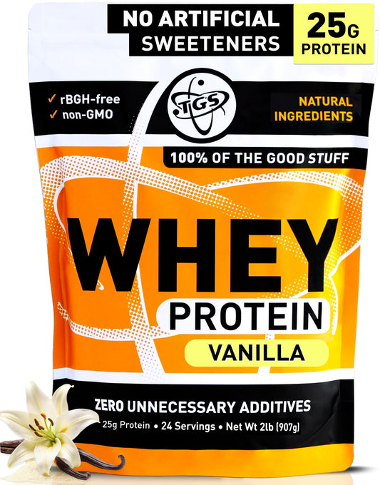 TGS Nutrition Vanilla Whey Canister highlighting clean ingredients and 25g protein per serving.