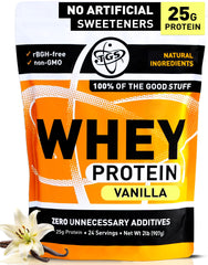 TGS Nutrition Vanilla Whey Canister highlighting clean ingredients and 25g protein per serving.