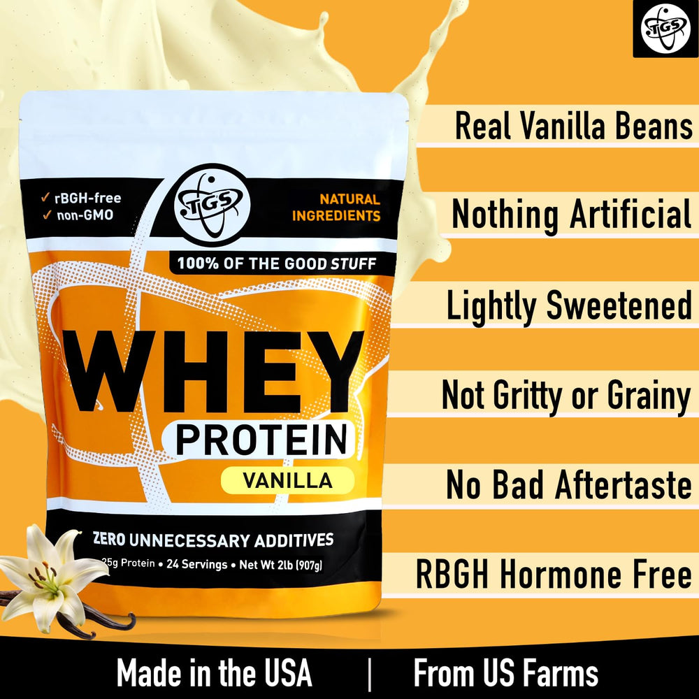 TGS Nutrition vanilla whey ingredients panel emphasizes undenatured, non-GMO protein.