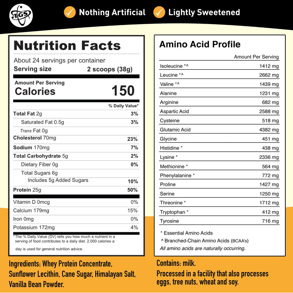 TGS Nutrition vanilla whey pour closeup suggests smooth mixability for shakes.