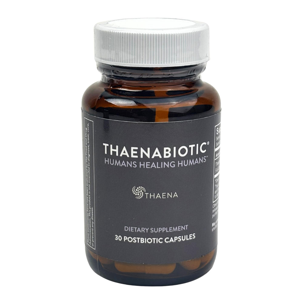 Thaena ThaenaBiotic bottle front view promotes gut health with a clean, premium design