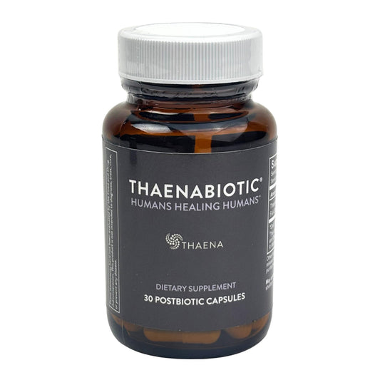 Thaena ThaenaBiotic bottle front view promotes gut health with a clean, premium design