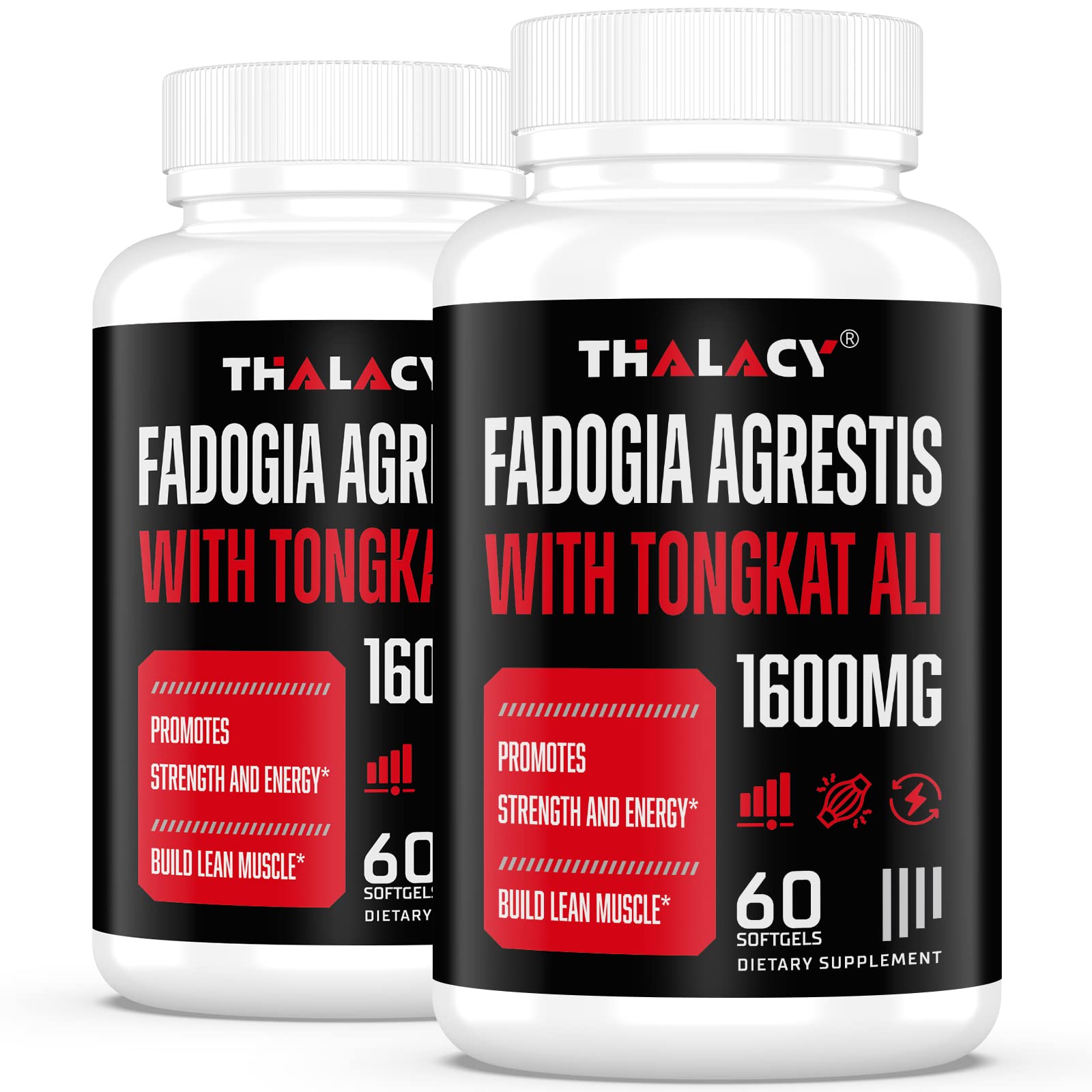 Thalacy 1600mg Fadogia Agrestis Tongkat Ali softgel bottle for peak daily performance.