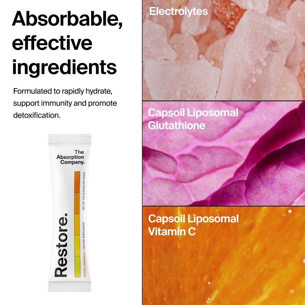 The Absorption Company electrolyte packets scoop close-up showing powder texture