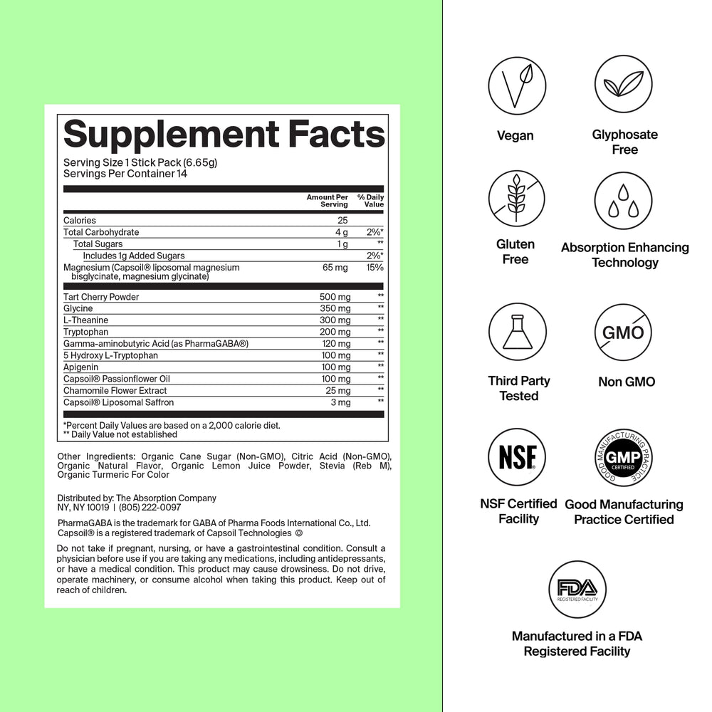 The Absorption Company Sleep Aid Powder bottle showing magnesium bisglycinate for nighttime relaxation.