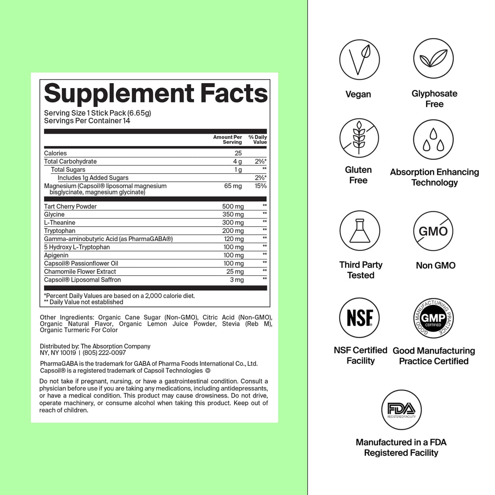 The Absorption Company Sleep Aid Powder mixed in water with chamomile lemon aroma.