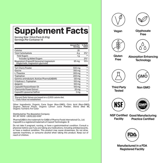 The Absorption Company Sleep Aid Powder mixed in water with chamomile lemon aroma.