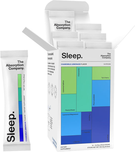 The Absorption Company Sleep Aid Powder tub with liposomal saffron highlighting calming, sleep-supportive ingredients.