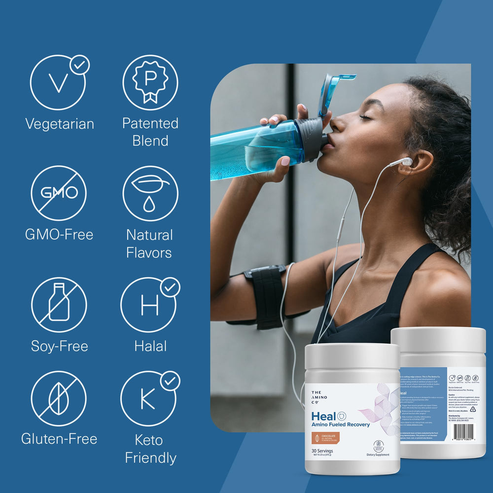 The Amino Co Heal chocolate glass with scoop showing convenient post-workout recovery.