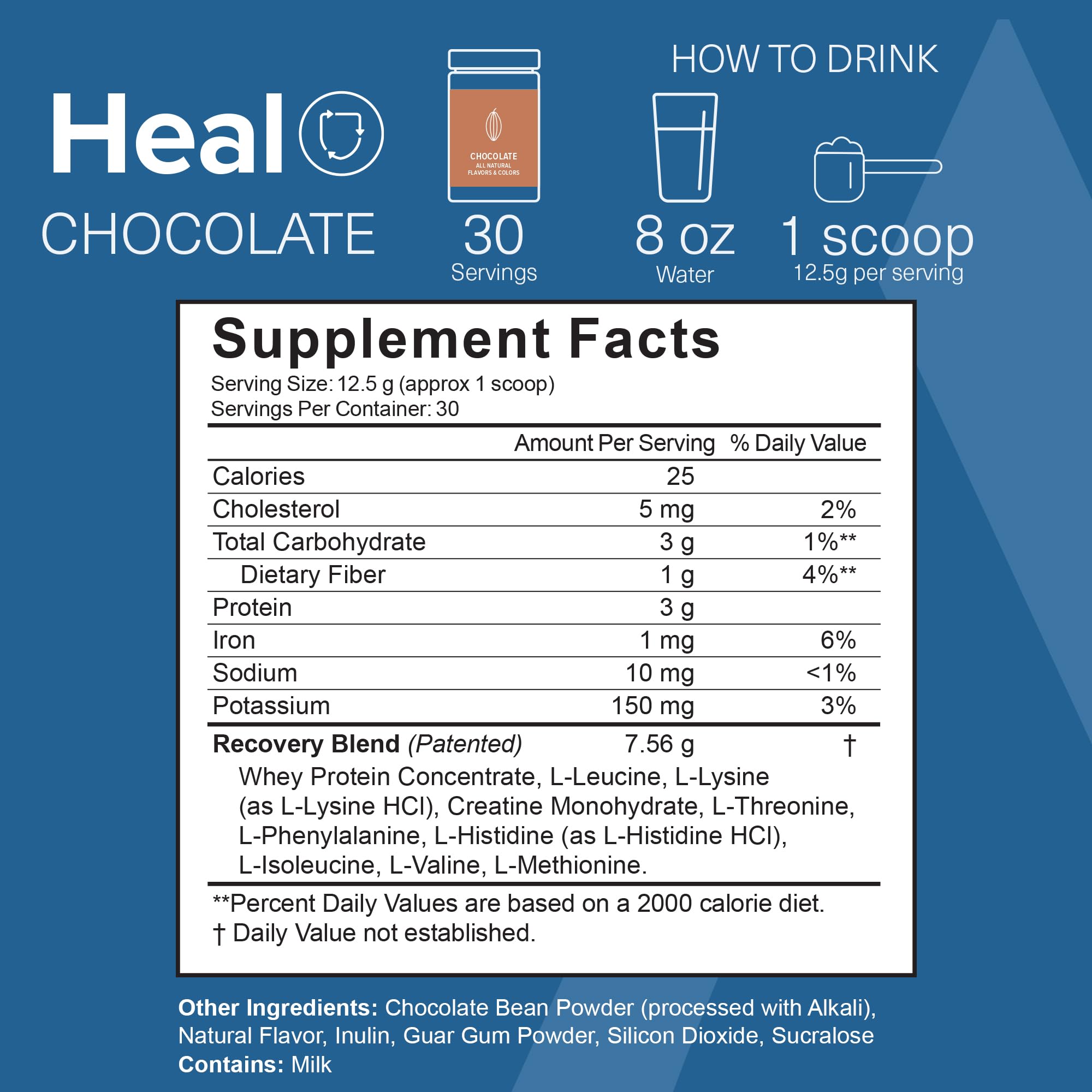 The Amino Co Heal chocolate powder dispensed into a shaker for post-workout recovery.