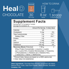 The Amino Co Heal chocolate powder dispensed into a shaker for post-workout recovery.