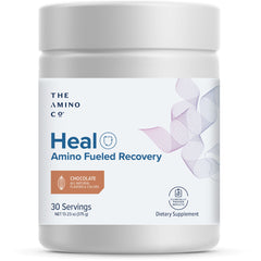 The Amino Co Heal chocolate tub front view for post-workout recovery.