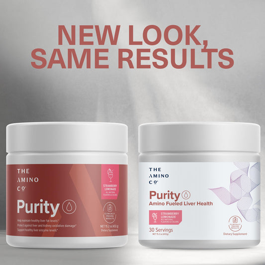 The Amino CO Purity bottle pour demonstrates convenient dosing for detox routines