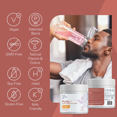The Amino CO Purity bottle label close-up with peach-mango flavor