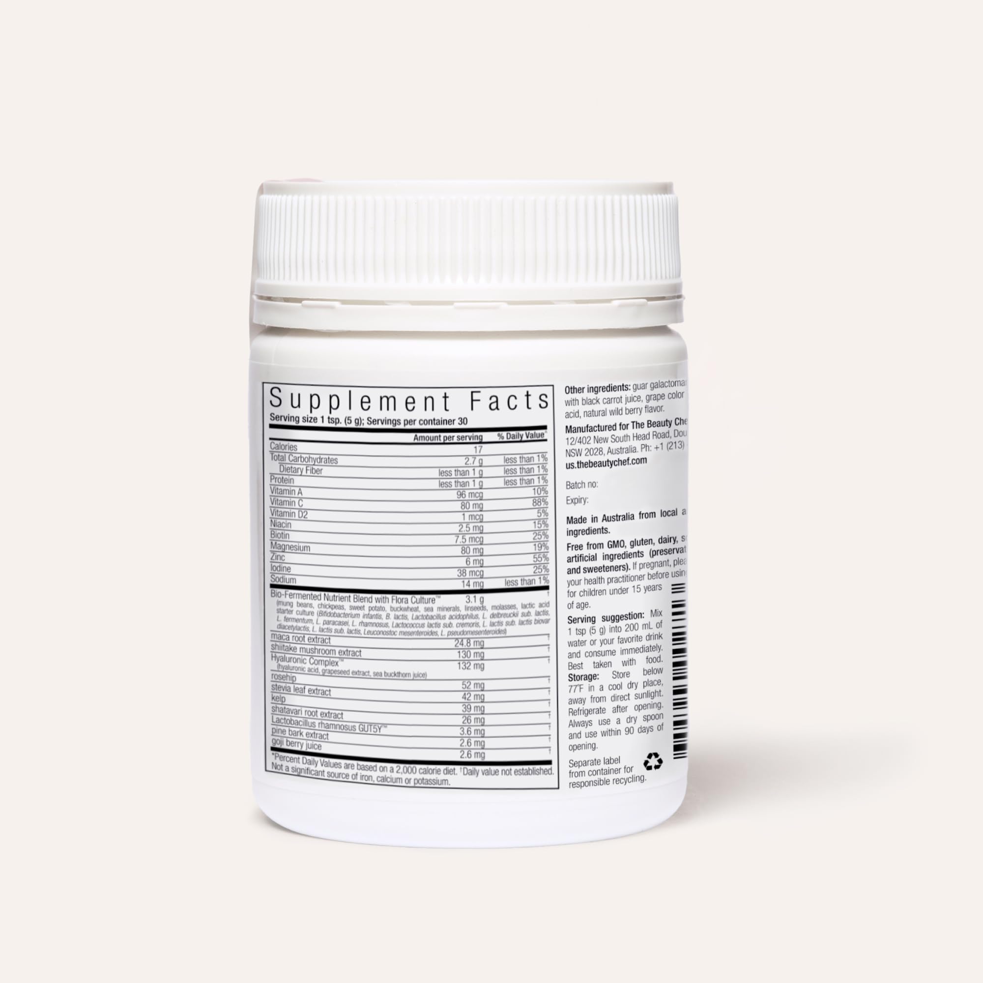 The Beauty Chef Glow Ageless 2.0 label close-up highlights a clean, Australian-made formula.