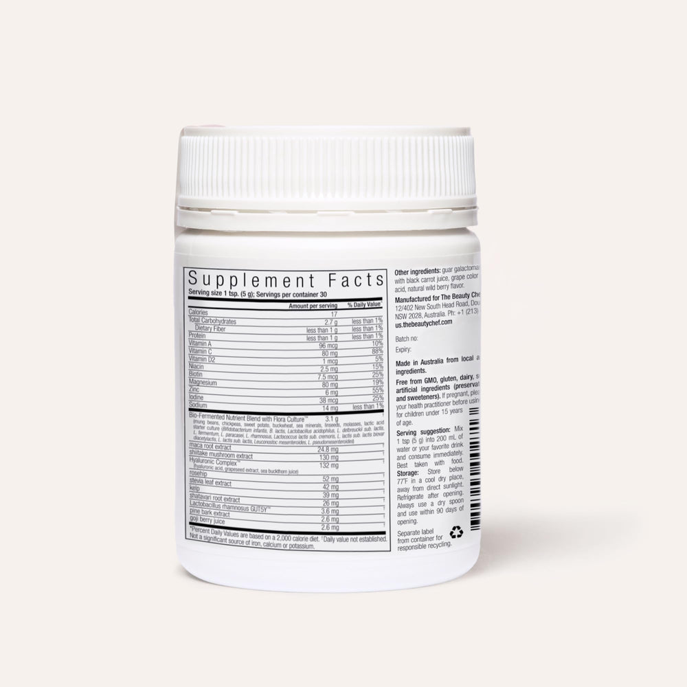 The Beauty Chef Glow Ageless 2.0 label close-up highlights a clean, Australian-made formula.