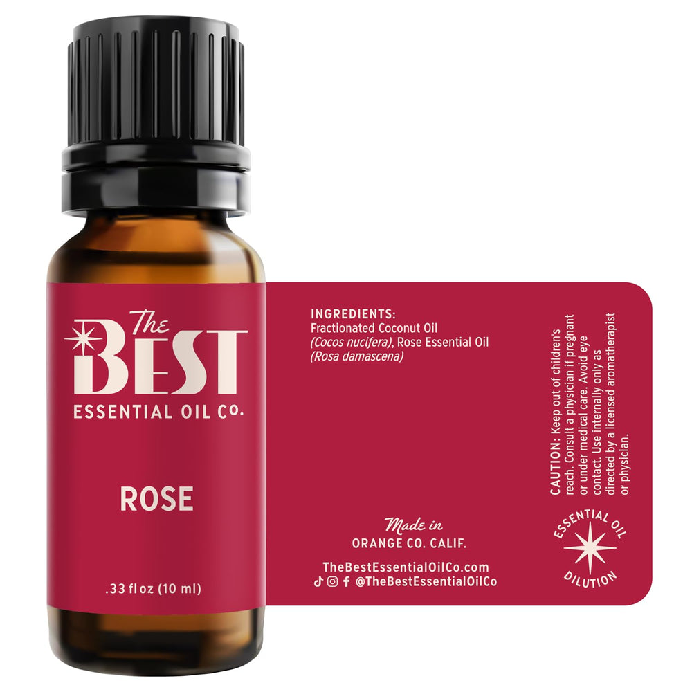 The Best Essential Oil Co Rose Absolute close-up bottle showcases amber glass.