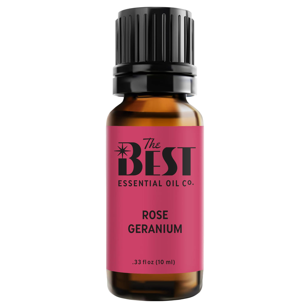 The Best Essential Oil Co rose geranium bottle close-up for aromatic relaxation