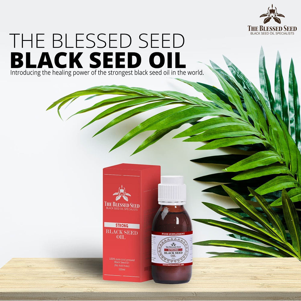 The Blessed Seed amber bottle with no-drip spout preserves freshness.