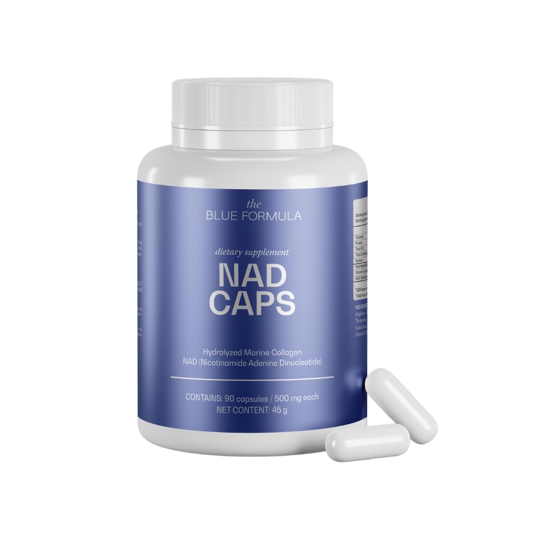 The Blue Formula NAD Caps bottle shown for daily energy and skin support.
