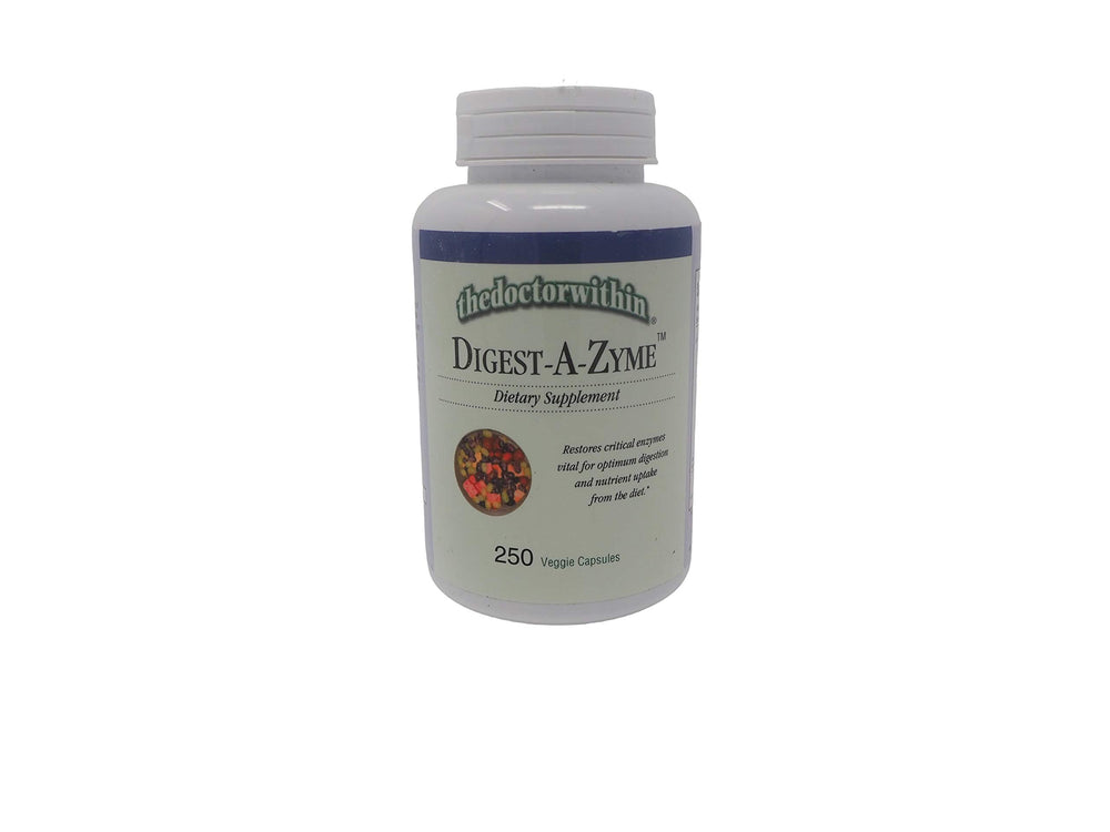 Digest-A-Zyme bottle pour by The Doctor Within offering full-spectrum enzyme support for fats, proteins, and carbs