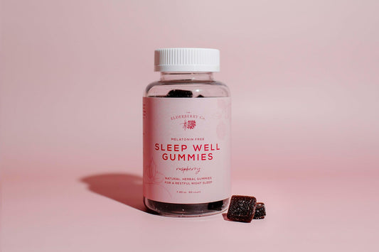 The Elderberry Co. Sleep Well Gummy bottle front promotes natural, melatonin-free sleep support.